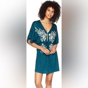 O'Neill Womens Teal Green Mikaela Embroidered Dolman Sleeve Mini Dress